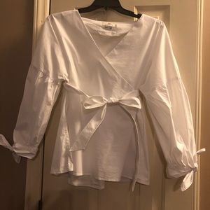 White long sleeve belted cross over blouse